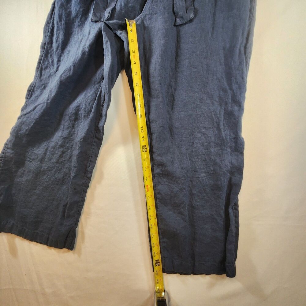 Nicole Miller Womens 100% Linen Capri Ankle Pants Med Blue Elastic Waist Belted - Picture 9 of 14
